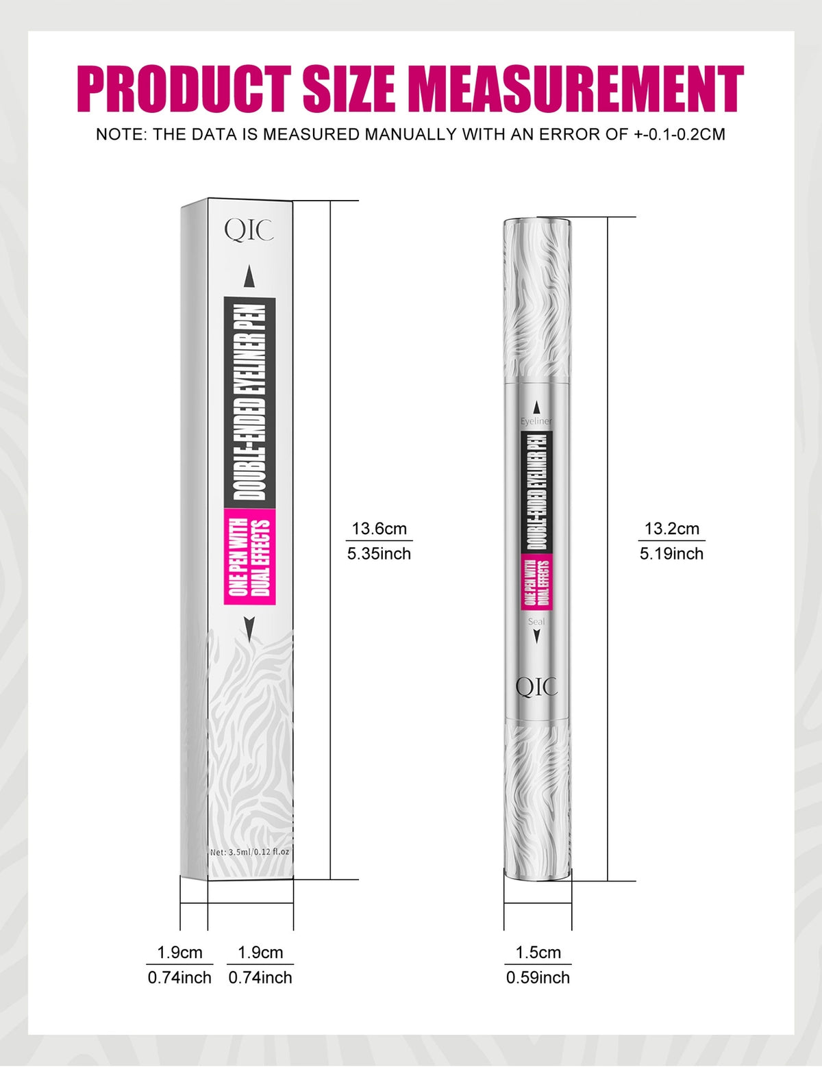 QIC double-ended black eyeliner pen with pointed liner tip and wing stamp for all-day cat eye makeup