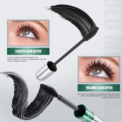 QIC black mascara showing two lash finishes with natural lengthening and buildable dramatic volume