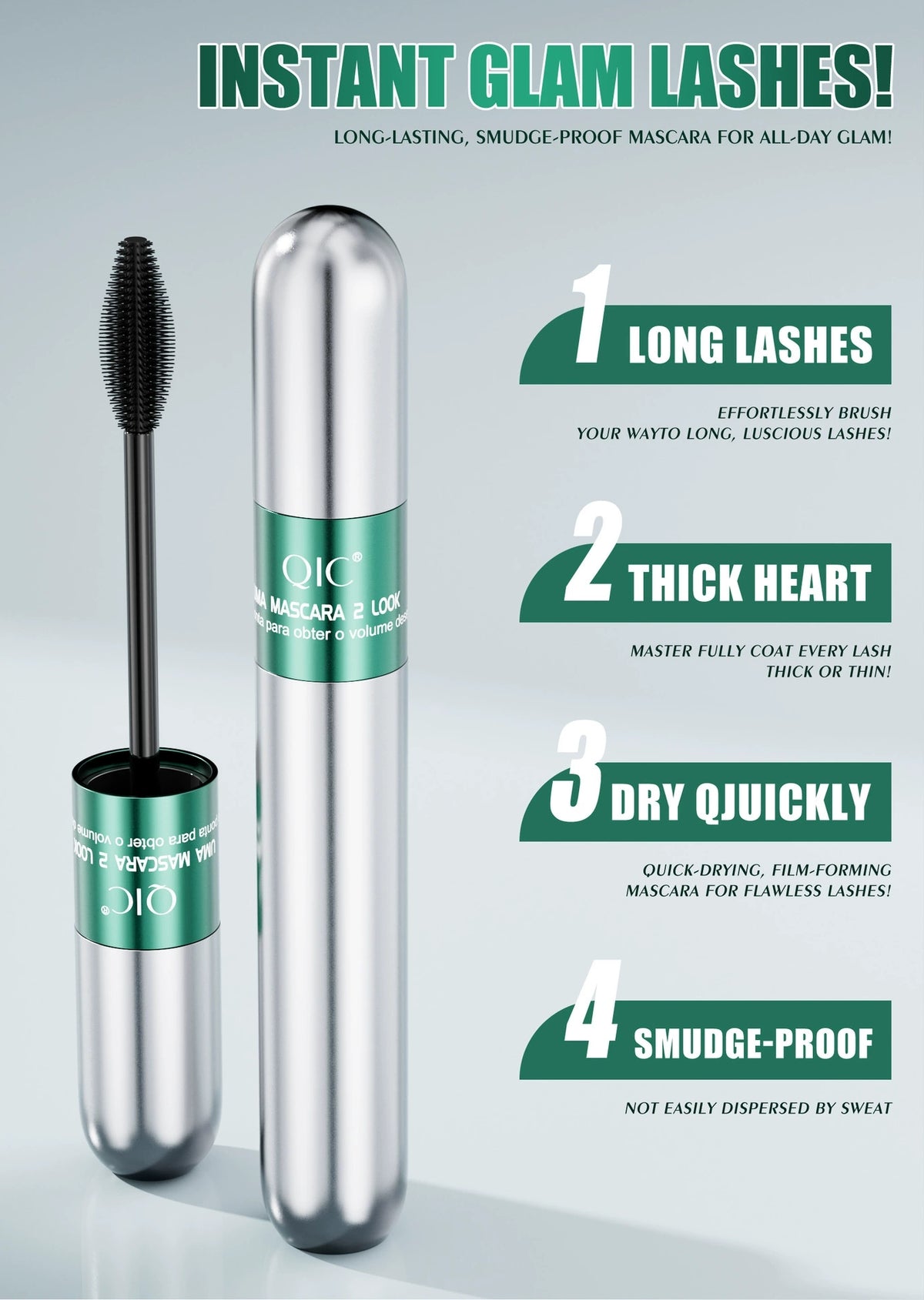 QIC 2-in-1 black mascara highlighting lengthening, volumizing, quick-drying and smudge-resistant benefits