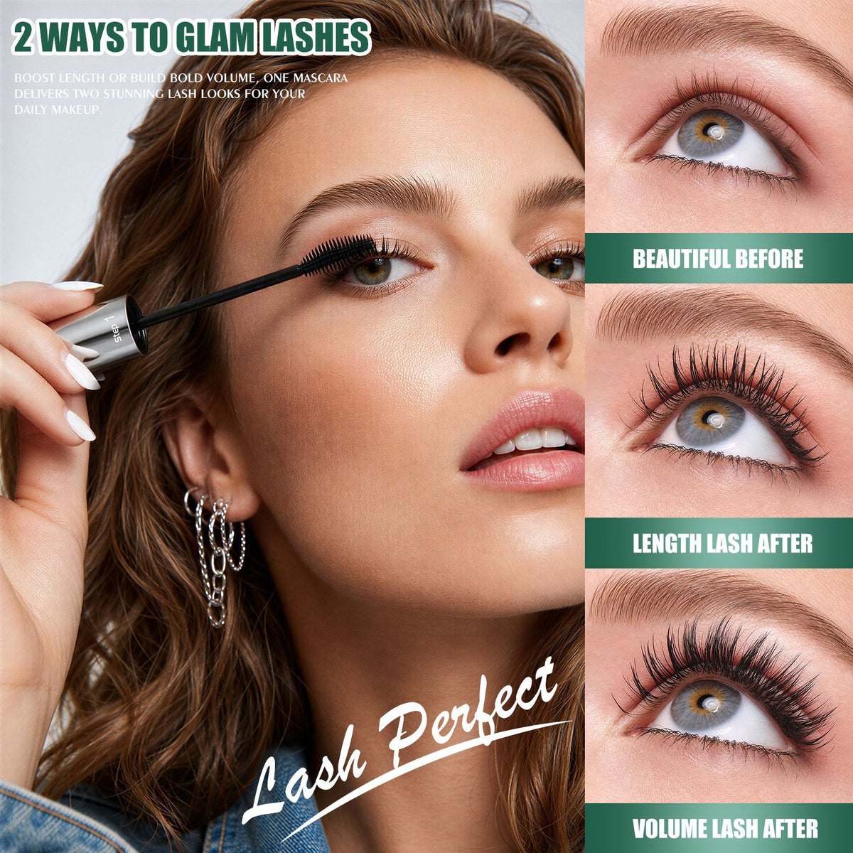 Model applying QIC black mascara with before and after examples of lengthened and voluminous lashes