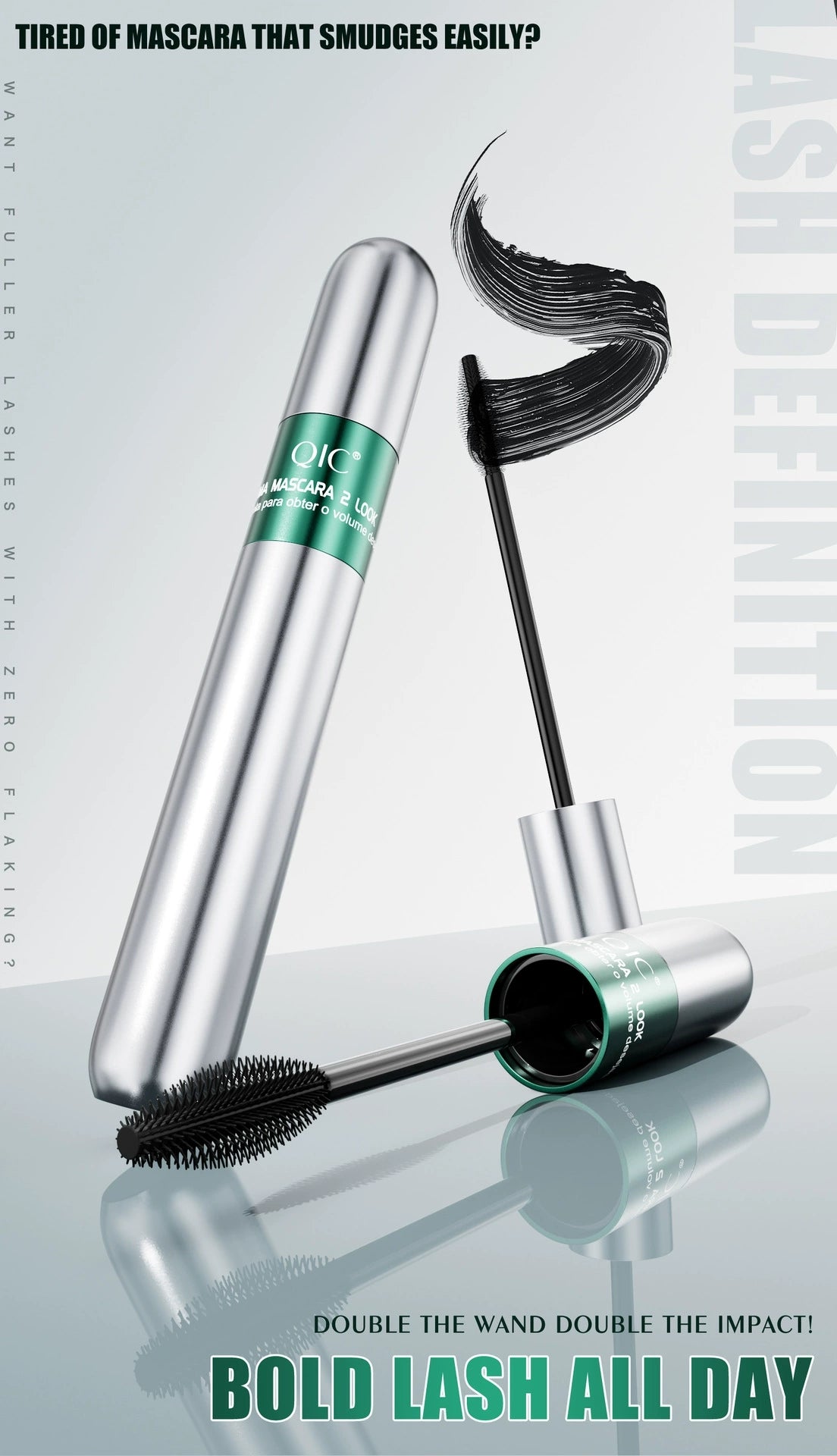 QIC waterproof black mascara with silver tube and precision brush for smudge-resistant lash definition