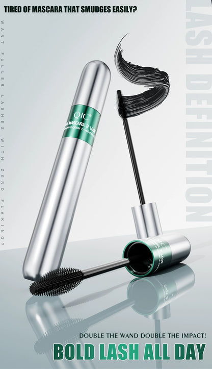 QIC waterproof black mascara with silver tube and precision brush for smudge-resistant lash definition