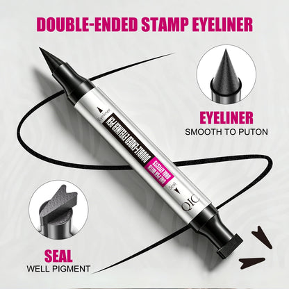 QIC triangle wing stamp eyeliner demonstrating easy cat eye application with a pointed liner tip and stamp applicator