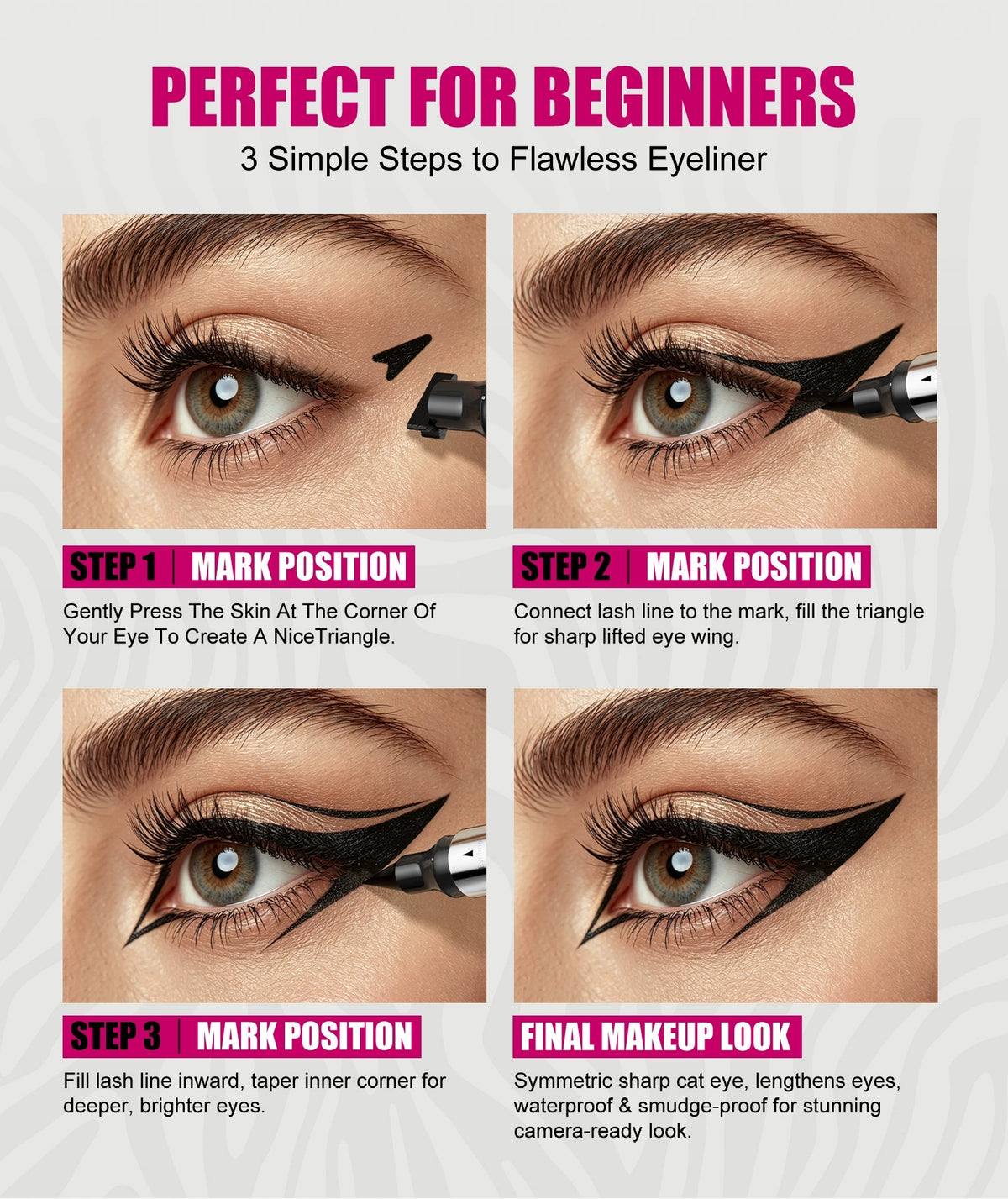 Before and after water splash test of QIC black eyeliner swatches demonstrating water and smudge resistance