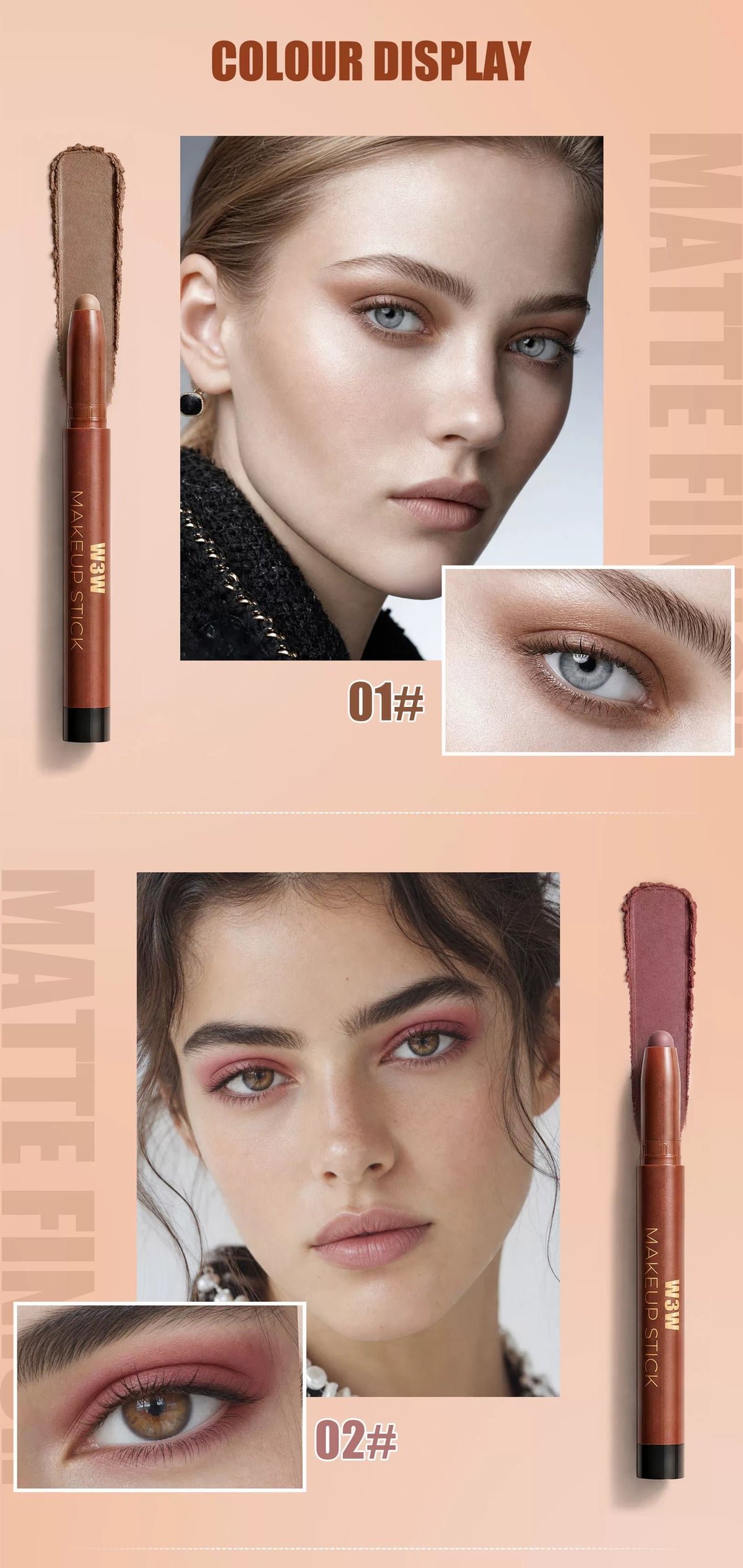 W3W Velvet Eye Stick shade 01 and shade 02 eye makeup looks