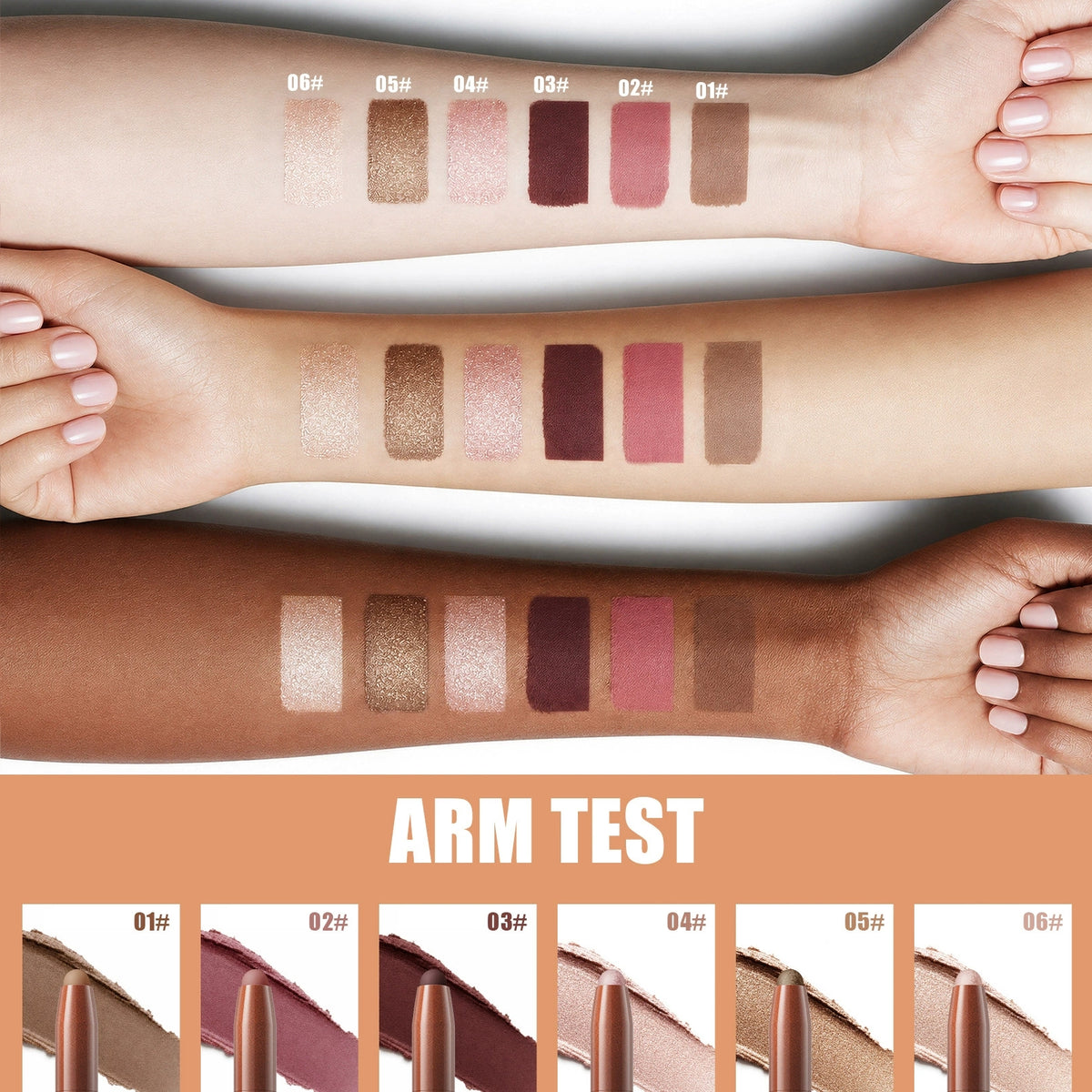 W3W Velvet Eye Stick six shade swatches on three skin tones