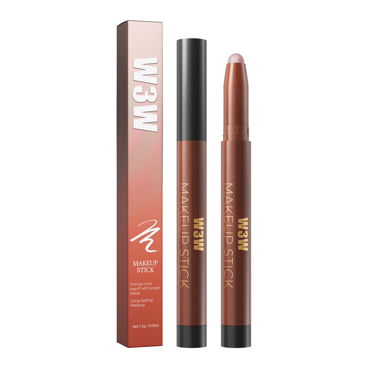 W3W Velvet Eye Stick cream eyeshadow pencil with packaging and shimmer tip
