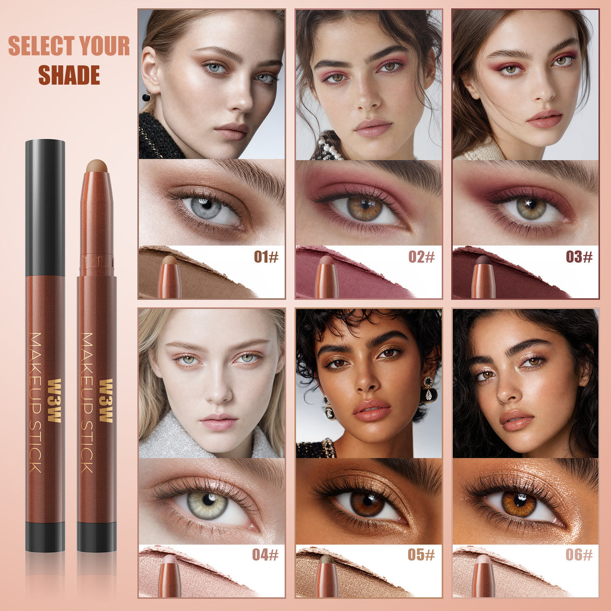 W3W Velvet Eye Stick six shade makeup looks and eye close-ups