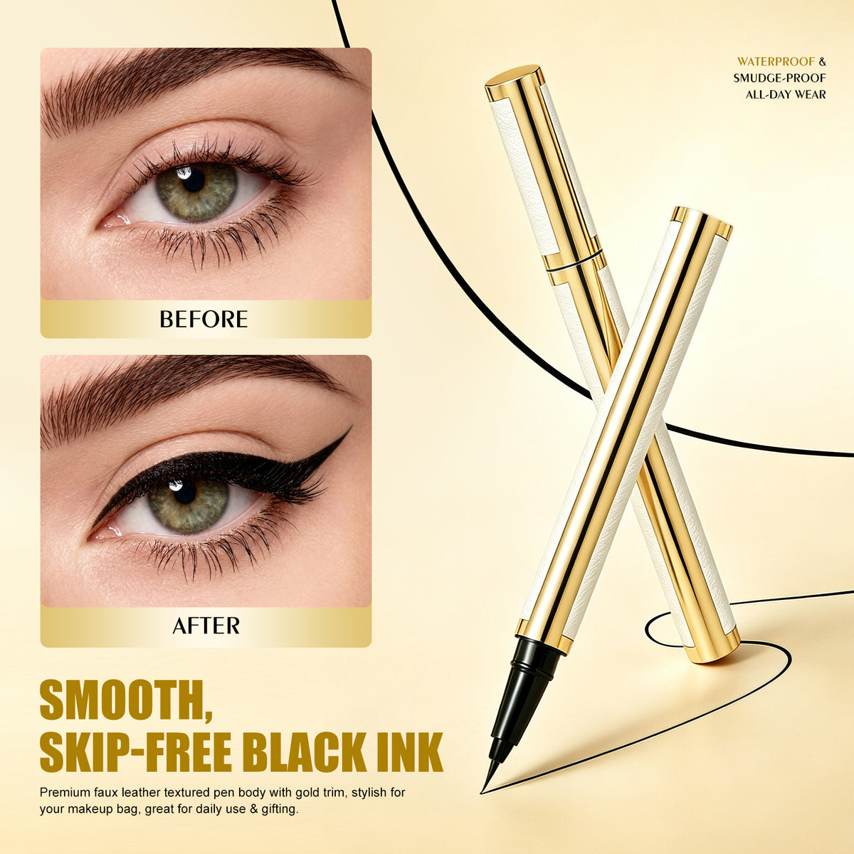 HelloKiss black liquid eyeliner before and after eye makeup comparison showing smooth, skip-free black ink and sharp winged eyeliner