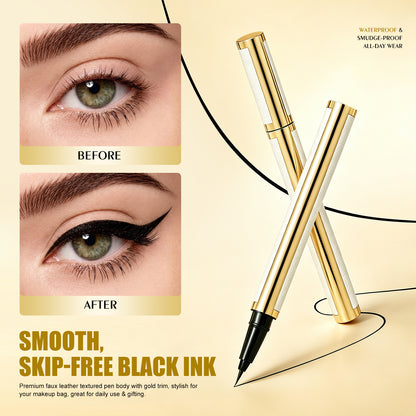 HelloKiss black liquid eyeliner before and after eye makeup comparison showing smooth, skip-free black ink and sharp winged eyeliner