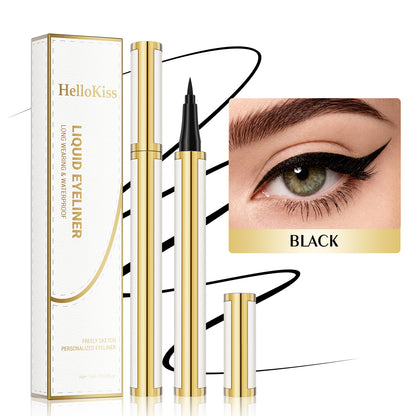  HelloKiss waterproof black liquid eyeliner pen with ultra-fine tip, white and gold packaging, and sharp winged eyeliner makeup look