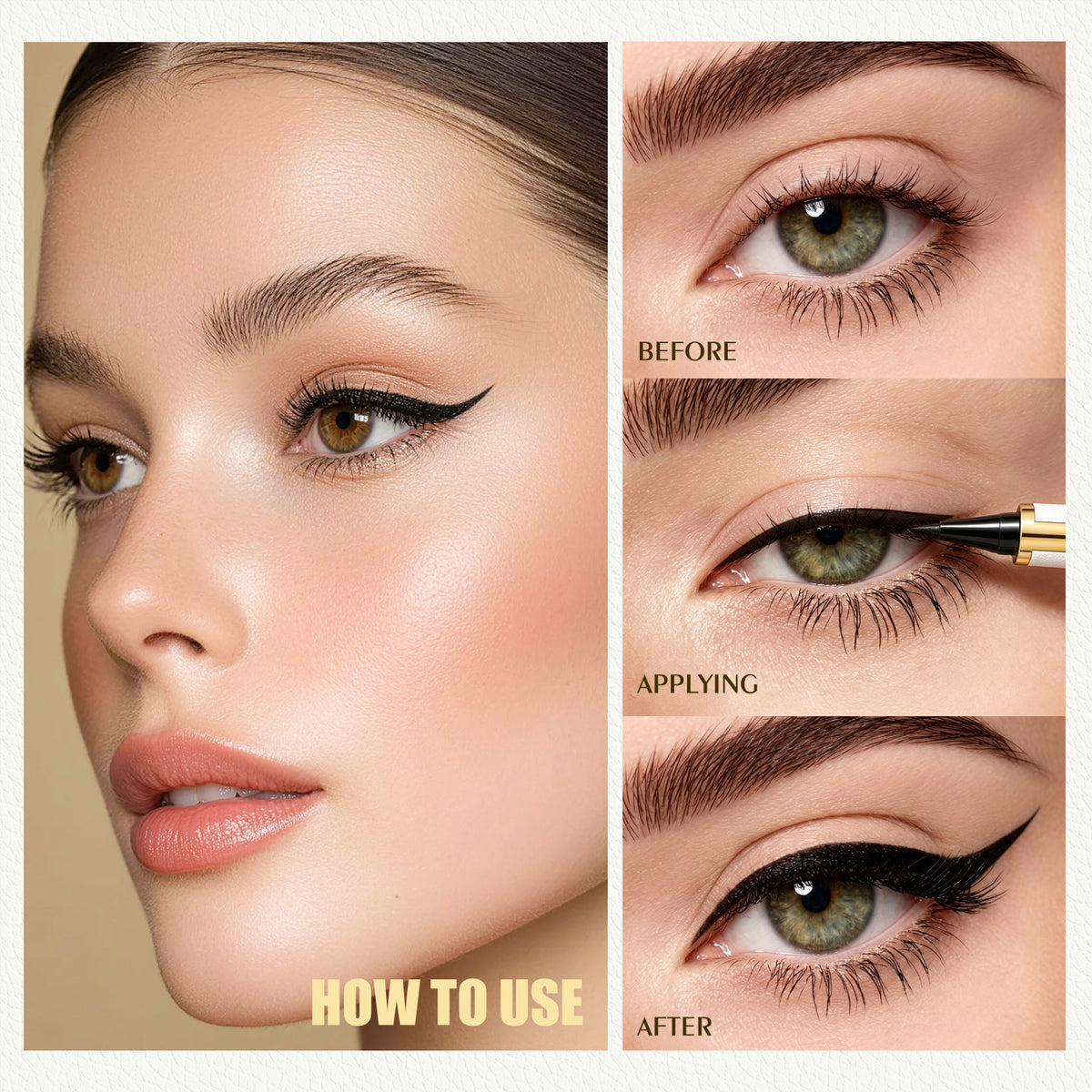 HelloKiss black liquid eyeliner application tutorial showing before, applying and after steps for a sharp winged cat-eye makeup look
