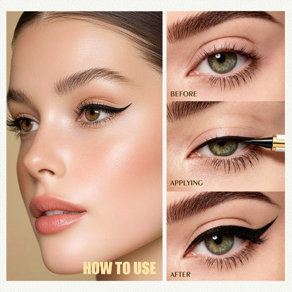 HelloKiss black liquid eyeliner application tutorial showing before, applying and after steps for a sharp winged cat-eye makeup look