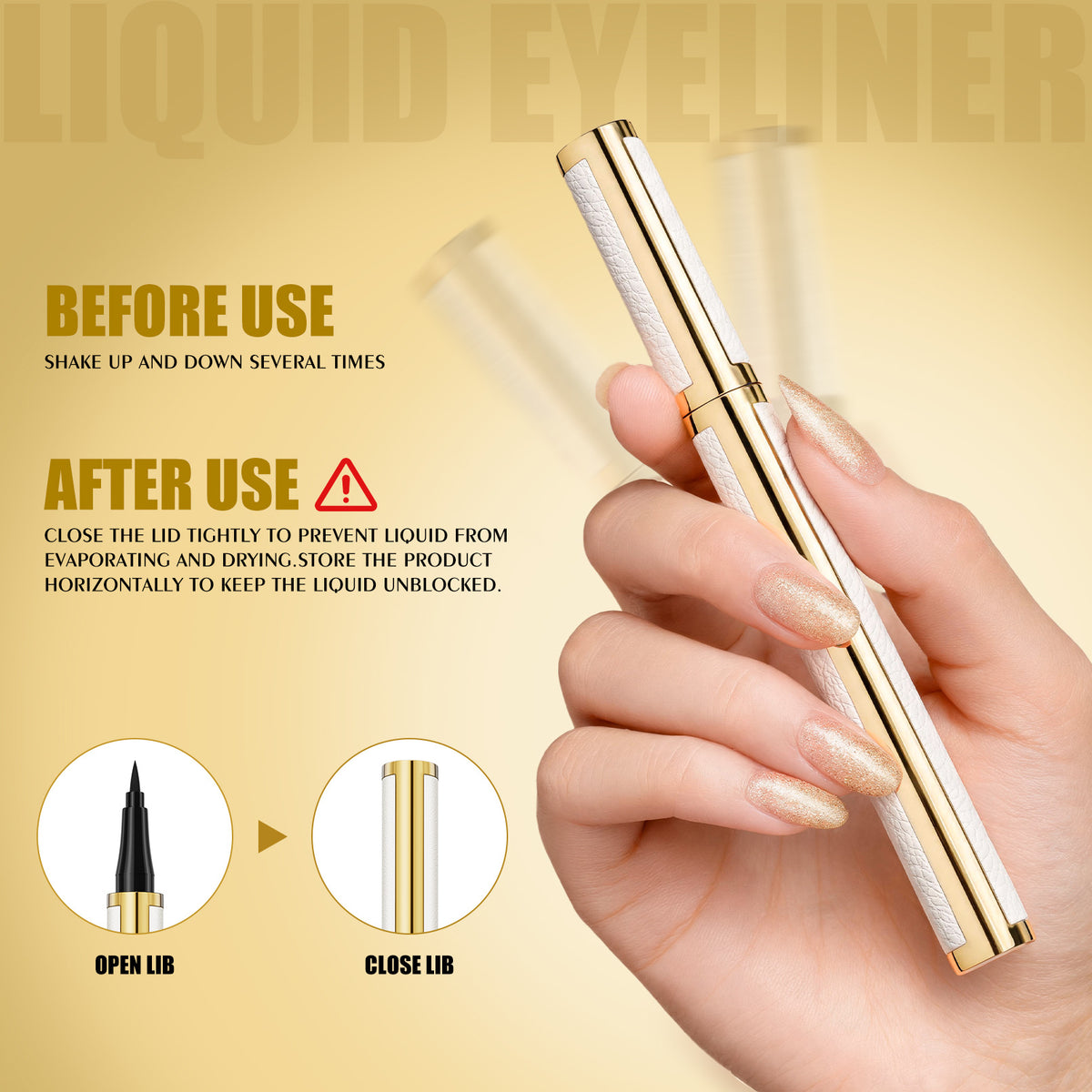 HelloKiss liquid eyeliner pen usage guide showing how to shake before use, close the cap tightly after use and store horizontally