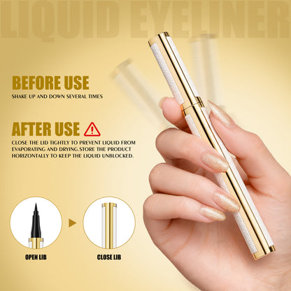 HelloKiss liquid eyeliner pen usage guide showing how to shake before use, close the cap tightly after use and store horizontally