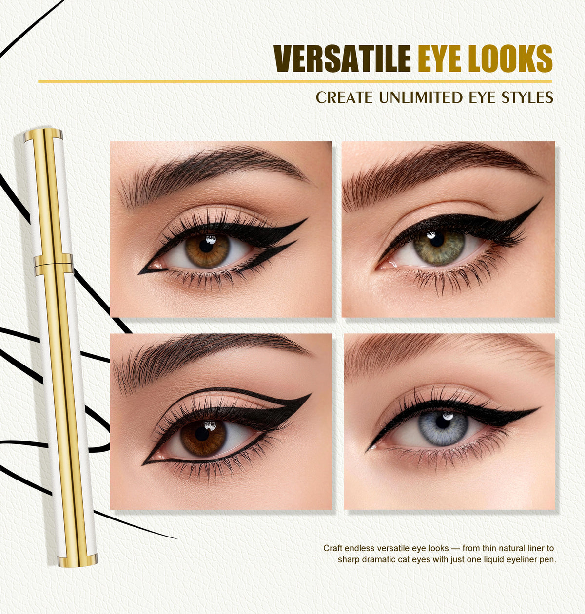 HelloKiss black liquid eyeliner pen showcasing four versatile eye makeup styles, from natural winged liner to bold dramatic cat-eye looks