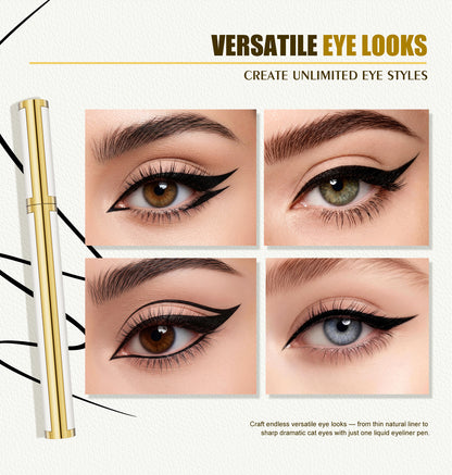HelloKiss black liquid eyeliner pen showcasing four versatile eye makeup styles, from natural winged liner to bold dramatic cat-eye looks