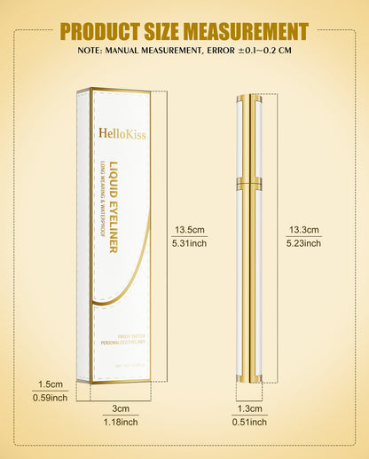 HelloKiss liquid eyeliner pen and packaging size chart showing pen and box dimensions in centimeters and inches