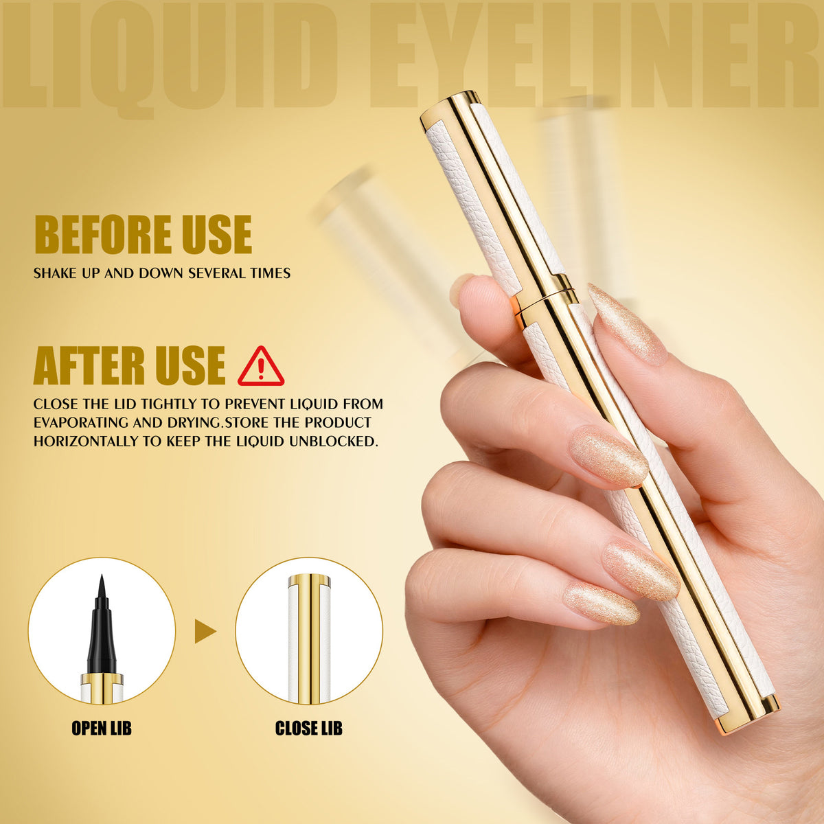 HelloKiss liquid eyeliner pen usage and storage guide showing how to shake before use, close the cap tightly and store horizontally