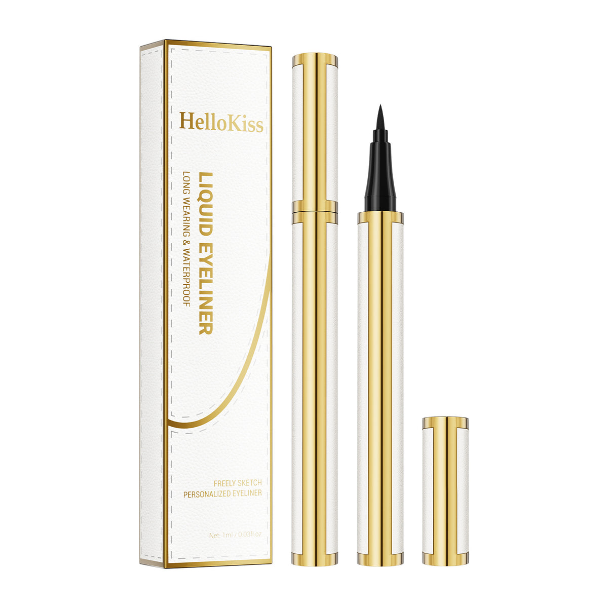 HelloKiss waterproof black liquid eyeliner pen with ultra-fine precision tip, white and gold textured barrel and product packaging