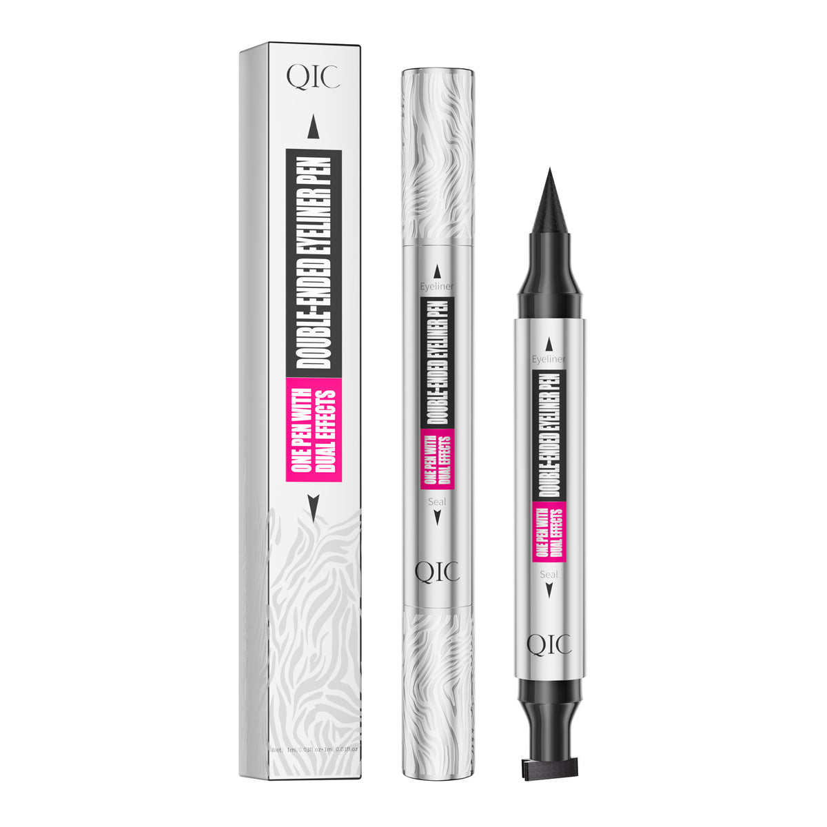 QIC double-ended black eyeliner pen with triangle wing stamp, precision eyeliner tip and silver packaging