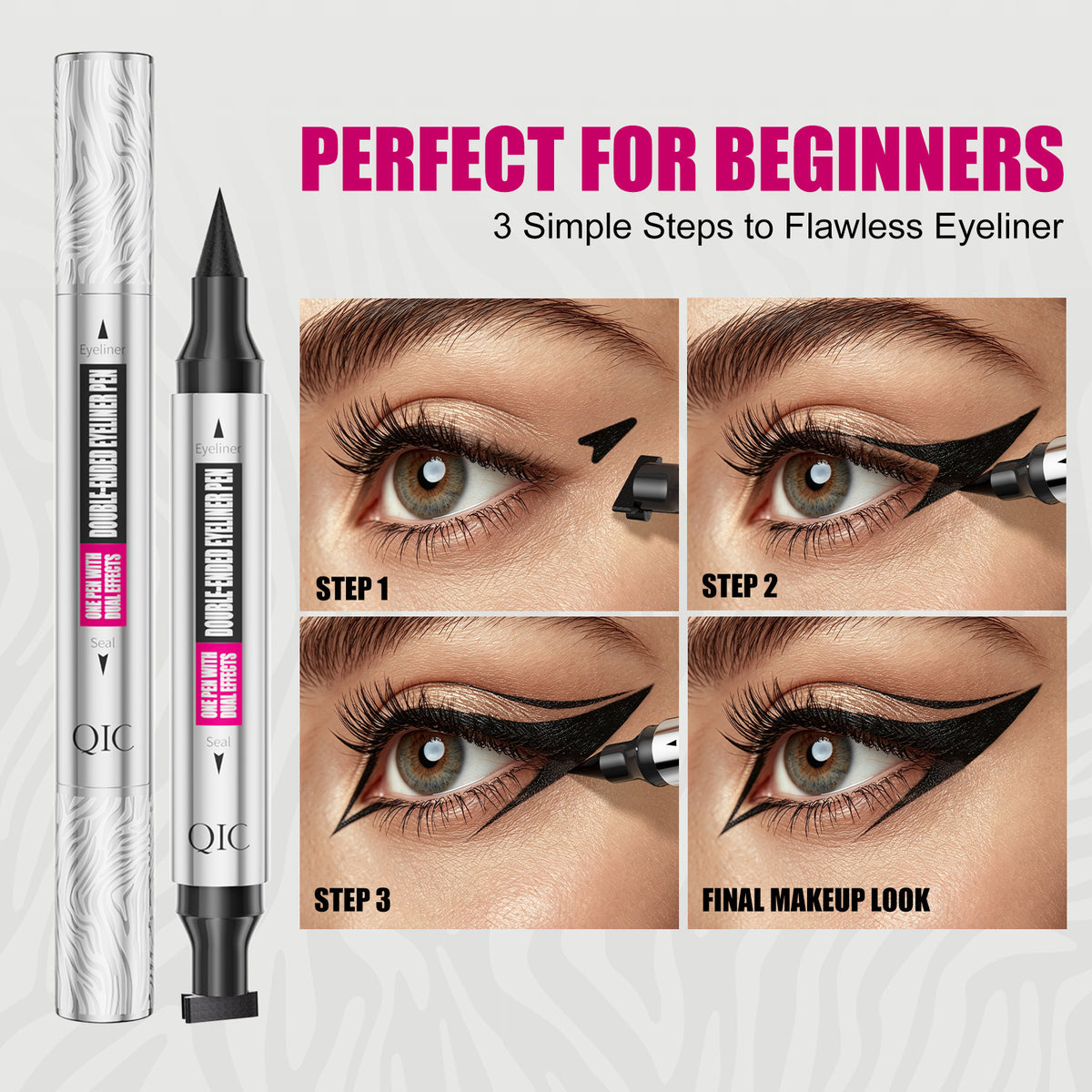QIC double-ended eyeliner pen beginner tutorial showing three steps to create a sharp black winged eyeliner look