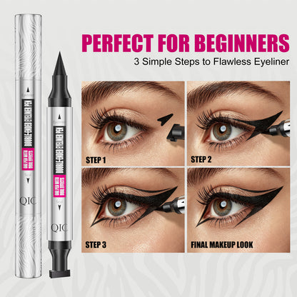 QIC double-ended eyeliner pen beginner tutorial showing three steps to create a sharp black winged eyeliner look