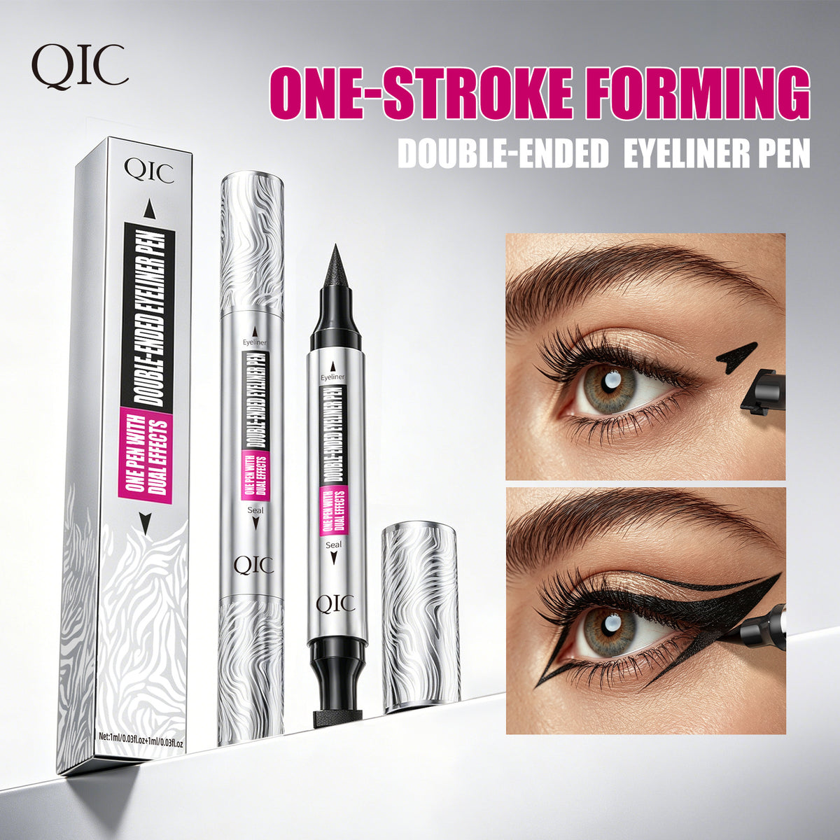 QIC double-ended eyeliner pen with triangle stamp demonstrating one-stroke black winged eyeliner and cat-eye makeup