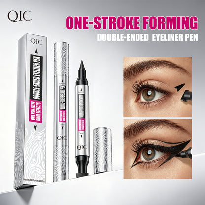 QIC double-ended eyeliner pen with triangle stamp demonstrating one-stroke black winged eyeliner and cat-eye makeup