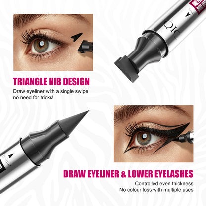 QIC double-ended eyeliner showing triangle wing stamp and precision tip for creating sharp black cat-eye makeup
