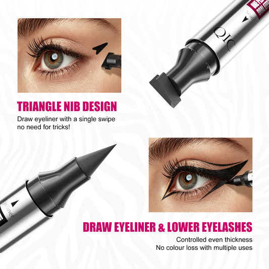 QIC double-ended eyeliner showing triangle wing stamp and precision tip for creating sharp black cat-eye makeup